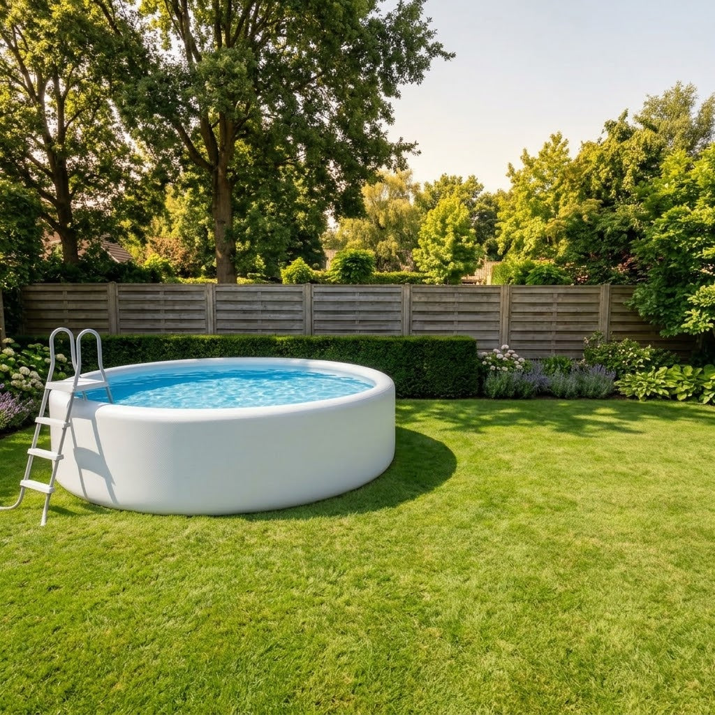 Piscine hors-sol rigide ronde iPoolgo de 4 m installée dans un jardin clôturé